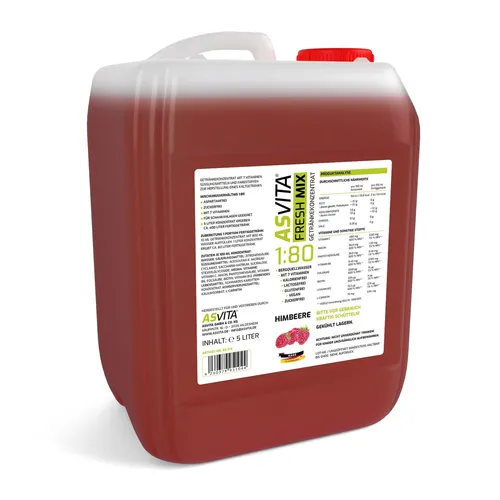 AsVita Getränkekonzentrat Fresh Mix 1:80 - Himbeere 5L - Erfrischendes Getränkekonzentrat für die Zubereitung köstlicher Getränke. Ideal für gesellige Anlässe und mit geprüfter Qualität. Einfach im Mix!