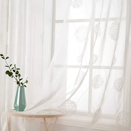 MIULEE Vorhänge mit Florales Stickerei, Gardinen Weiß für Wohnzimmer, Schlafzimmer Vorhang Transparent mit Ösen, 2er Set Voile Blumen Durchsichtig Vorhänge, Jeder H 175 X B 140cm