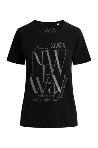 SOCCX Damen T-Shirt Rundhals mit Artwork Black, S - Stylisches Damen T-Shirt mit lockerem Schnitt und Flammgarnstruktur. Der Rundhalsausschnitt und der Wording-Print mit Schmucksteinen machen es zum perfekten Hingucker für jeden Anlass.