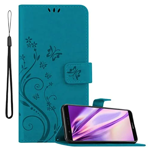 Cadorabo Hülle kompatibel mit Huawei P SMART 2018 / Enjoy 7S Blumen Design aus Kunst Leder Flip Klappbare Magnetische [Kartenfächern] Cover Hülle für Huawei P SMART 2018 / Enjoy 7S Tasche in Blau