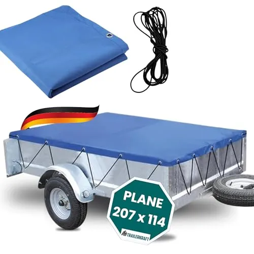 TRAILERKRAFT® Anhänger Plane 207x114 cm inkl. Gummiseil PlusPro | Anhängerplane Flachplane PVC PLANENMATERIAL Verstärkte STEMA Anhänger Plane für 750kg PKW Hänger Abdeckplane Anhänger Abdeckung | Blau