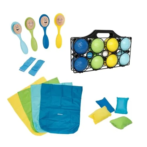 alldoro 68778 - Outdoor Partyspiele Set für Kinder - Komplettes Set mit 5 spannenden Spielen wie Boccia und Sackhüpfen. Ideal für Kindergeburtstage und Gartenpartys, fördert Bewegung und Teamarbeit. Robuste Materialien sorgen für langlebigen Spielspaß.