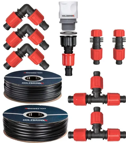 HOLZBRINK Bewässerungssystem HTB-13-25A-5 mit Perlschlauch und Verlegerohr - Effizientes Tropfbewässerungssystem für gleichmäßige Wasserversorgung von Heckenpflanzen. Flexibel verlegbar und selbstreinigend – ideal für einfache und komplexe Grünanlagen.