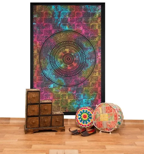 KUNST UND MAGIE Elefant Mandala Wandteppich 135 x 200 cm - Vielseitiger Wandbehang aus 100 % Baumwolle mit traditionellem Elefanten-Mandala. Ideal als Deko für Wände, Tische oder als Tagesdecke. Handgefertigte Qualität, die indisches Handwerk zelebriert.