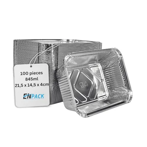 Enpack Aluschale R1-845L - 100 Stück Aluschalen Grill 215x147x40mm - Wärmebehälter 845ml - Fettauffangschale als Grill Zubehör, Food Container, kleine Auflaufform - feuerfeste Alu Grillschale