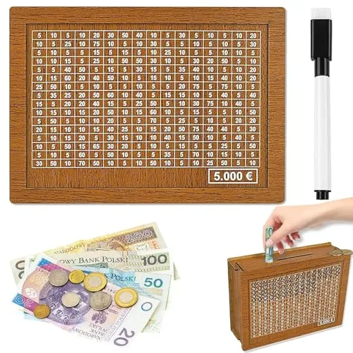 Retro Holz-Sparbüchse mit Aufbewahrungsbox, Kinder-Sparziel und Marker, Wiederverwendbare Spardose mit Sparziel und Zahlen zum ankreuzen
