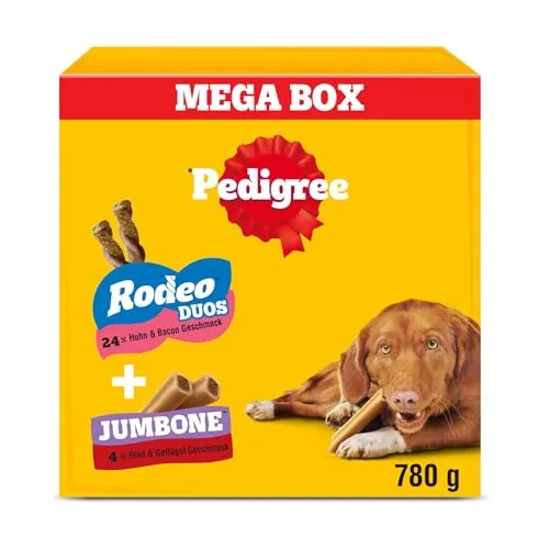 Produktbild Pedigree Multipack 780 g mit 24 Rodeo Duos Huhn & Bacon Geschmack, 4 Jumbone Rind & Geflügel Geschmack