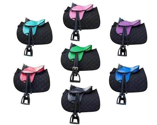 Brama West Holzpferd Sattel Set „My Happy Pony“ | Sattel für Shetty Pony Holzpferd | mit Satteldecke, Sattelgurt, Steigbügel & Steigbügelriemen | Sattel Lila/Decke Schwarz