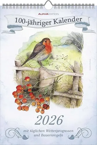 Alpha Edition - 100-jähriger Kalender 2026 – Wandkalender 23,7×34 cm mit täglichen Wetterprognosen, Bauernregeln, deutschsprachigem Kalendarium, FSC-zertifizierter Bildkalender mit Zusatzinfos