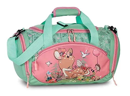 Sporttasche Kinder Reisetasche Umhängetasche mit süßem REH Rehkitz Blumen Vogel Igel für Mädchen & Jungen - 14,2 Liter - 35 x 22 x 18,5 cm, pastellgrün/rosa