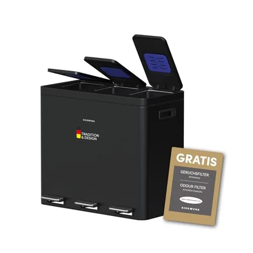 SIEGWERK Kolekto 3 - Design Mülleimer mit Soft Close und Kohlefilter - Eleganter Mülltrenner mit 3x18l Fächern, der Gerüche reduziert und durch den Softclose-Mechanismus leise schließt. Praktischer seitlicher Haken für Tücher.