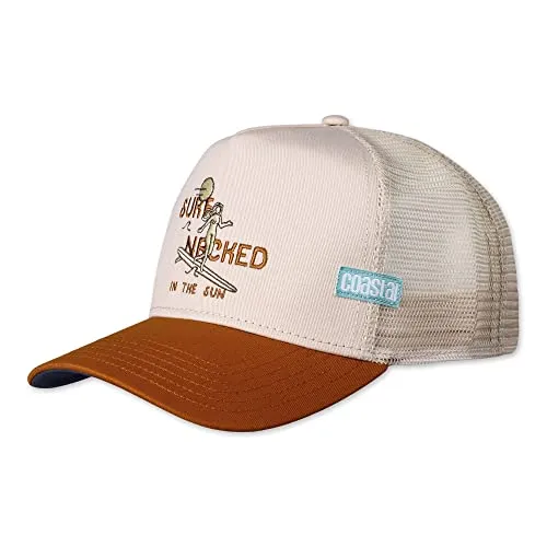 Coastal Surf Naked III Trucker Cap - Sand/Khaki - Stylische Trucker Cap im sommerlichen Design mit gebogenem Schirm und atmungsaktivem Mesh. Einheitsgröße, unisex und individuell anpassbar für optimalen Tragekomfort.