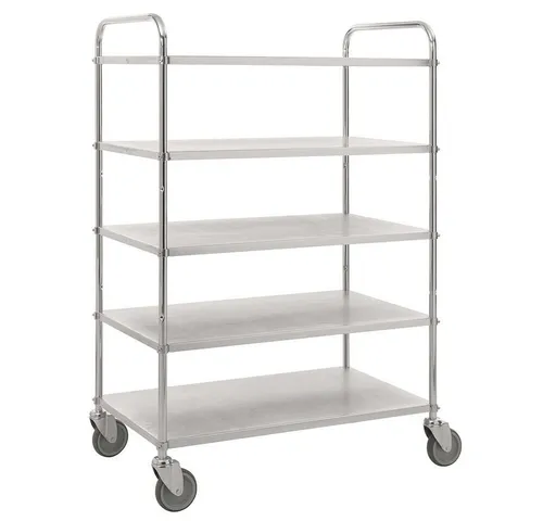 Verzinkter Etagenwagen mit 5 Böden, 250 kg Traglast - Robuster Etagenwagen mit 5 Metallböden und einer Traglast von 250 kg. Ideal für den professionellen Einsatz, leicht manövrierbar dank großer Drehgestellrollen.