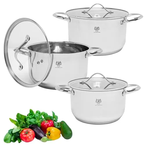 KARL HAUSMANN Topfset Induktion Edelstahl 3-Teilig - Kochtöpfe für Alle Herdarten - Kochtopf Set mit Glasdeckel - Töpfe mit Messskala - Topf Set - Kochtopfset - Topfsets - Pots - Induktionstöpfe
