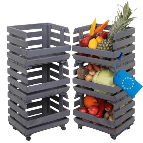 MODO24 Modular Holzregal für Gemüse & Obst auf Rollen - Praktisches und flexibles Regalsystem aus Kiefernholz mit integrierten Rädern für einfache Mobilität. Ideal zur Aufbewahrung von Obst und Gemüse, passt sich Ihren Bedürfnissen an und sorgt für eine stilvolle Note in Ihrer Küche.
