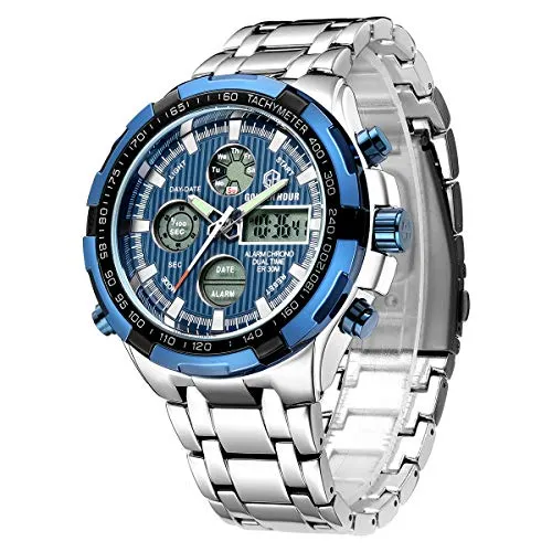 Affute Armbanduhr für Herren, Schwerer Chronograph aus Edelstahl, wasserdicht, mit Datums- und Alarmfunktion, Analog-/Digitalanzeige (Silver Blue)…