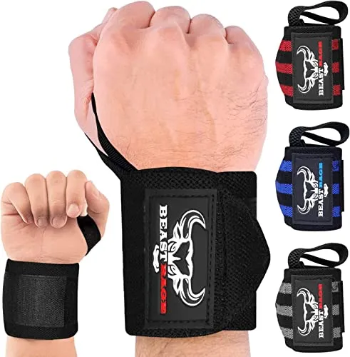BEAST RAGE Handgelenk Bandagen (Gym Wrist Wraps) Kraftsport Handgelenkstütze Gelenkbandage Schlaufen Krafttraining Workouts Übungen (Schwarz Voll)