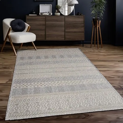 Paco Home Outdoor Teppich Flachgewebe Modern Boho-Style wetterfest & UV-beständig Ideal für Terrasse Balkon Wohnzimmer & Küche, Grösse:120x160 cm, Farbe:Grau