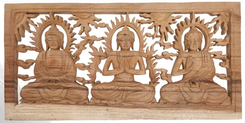 Geschnitztes Wandbild Deko Wandrelief - 3 Buddhas - 26*50*1,5 cm