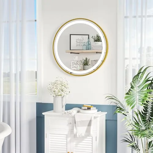 Kleankin Badspiegel Gold 60 cm – Modern und Funktional - Badspiegel mit berührungsempfindlichem Schalter, einstellbarer Helligkeit und 3 Lichtfarben. Ideal für tägliche Pflege mit praktischer Zeitanzeige und platzsparender Wandmontage.