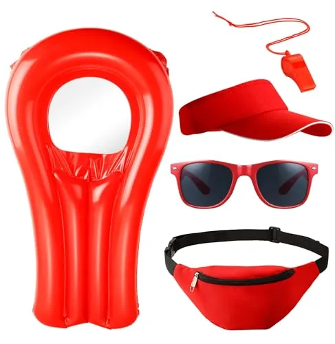 Kostümheld 5 in 1 Lifeguard Set - Baywatch Kostüm Bademeister unisex rot, inklusive Rettungsbrett und Trillerpfeife für das perfekte Sommerfest