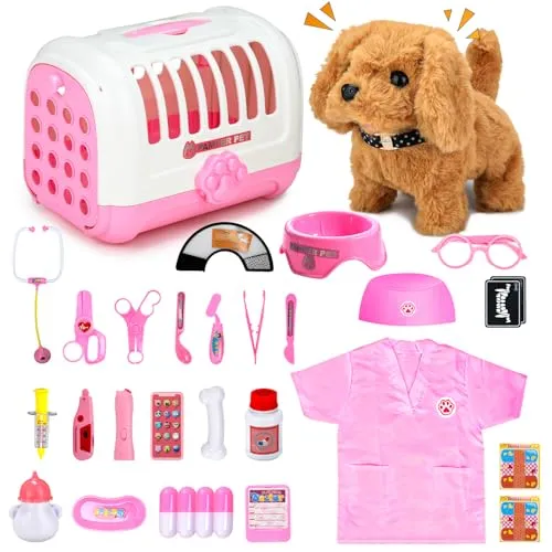 UBeesize 31Pcs Arztkoffer Kinder, Tierarzt Spielzeug Kinder Interaktiver | Mit Elektrischer Hund Spielzeug der Läuft und Bellt, Stethoskop, Thermometer für Tierarzt Spielzeug Kinder ab 3-5 Jahre Rosa