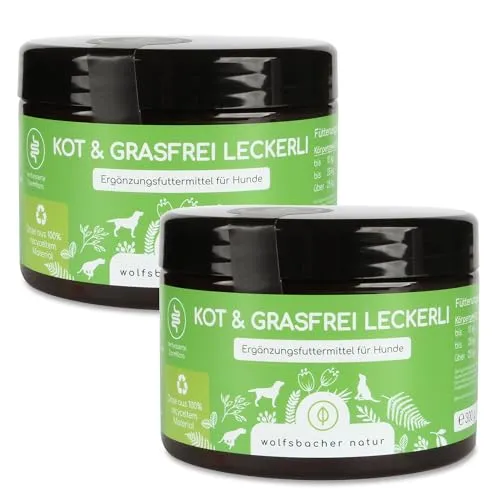 Wolfsbacher Natur Kot & Grasfrei Leckerli 2x - Leckere Snacks für Hunde zur Förderung eines normalen Fressverhaltens. Mit natürlichen Zutaten und 100% recycelter Dose – ideal für alle Rassen und Altersgruppen.