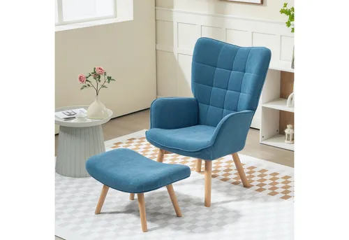 HOMCOM Ohrensessel mit Hocker, Loungesessel in Blau - Ohren- & Armlehnensessel mit elegantem Design, hoher Rückenlehne und bequemer Polsterung für entspannte Stunden. Ideal zum Lesen oder Entspannen mit passendem Hocker.