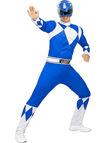Power Ranger Kostüm Erwachsene blau - Kostüm für Erwachsene, ideal für Kostümpartys und Conventions, mit figurbetontem Anzug und bequemer Halbmaske für authentischen Look.