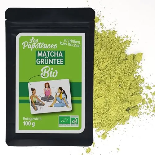 LES PAPOTEUSES | Matcha Bio Pulver 100g | Grüner Tee MatchaTeePulver Ceremonial Grade | 100% natürlich & Premium Qualität | Detox Tee | Kompatibel mit Matcha Set, Besen, Schale und Glas.