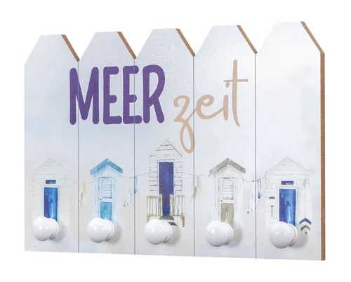 Levandeo® Wandgarderobe, Wandgarderobe L40cm Meerzeit Blau Weiß Holz Maritim 5 Haken Wandbild