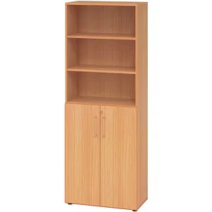 Hammerbacher Regal 6OH mit Türen 3OH - Büroschrank aus Buche, abschließbar mit Drehtüren und höhenverstellbaren Sockelgleitern für individuelle Anpassung.