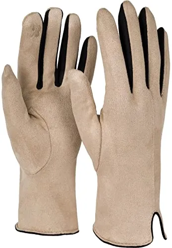 styleBREAKER Damen Touchscreen Handschuhe mit Farbkontrast und Fleece Futter | warme Winterhandschuhe | weiche elastische Thermo Fingerhandschuhe, Farbe:Beige