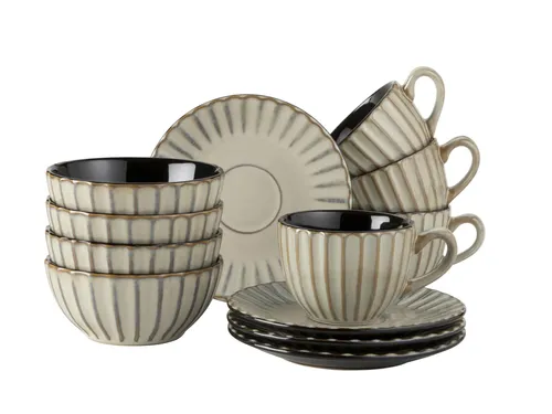 MÄSER Frühstückset 12-tlg. BEIGE-BRAUN, 931965 - Services: Elegantes Keramikgeschirr-Set mit Retro-Formen und unregelmäßiger Glasurtechnik, perfekt für stilvolle Frühstücke.