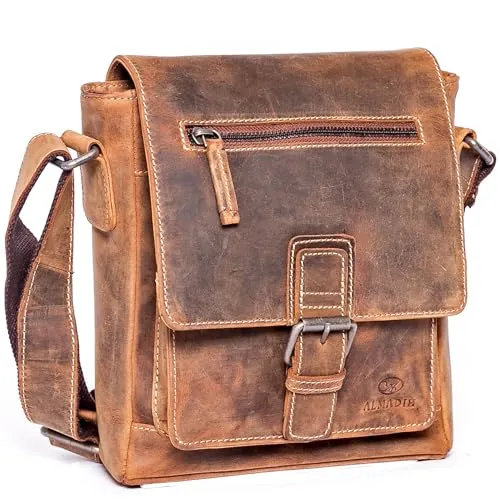 ALMADIH Umhängetasche Herren LUIS - Kompakte Tasche für iPads 9.7 Zoll, Braun - Handtaschen, stilvolle Umhängetasche im Vintage-Look, ideal für Tablets und unterwegs.