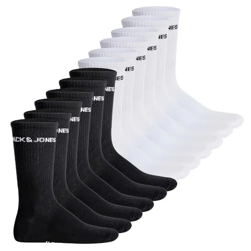 JACK&JONES Herren Tennissocken 12er Pack - JACLOGO, One Size Schwarz/Weiß 40-46 - Herrensocken in einem praktischen 12er Pack, mit bequemen, gerippten Bund und atmungsaktiver Baumwollmischung für hohen Tragekomfort.