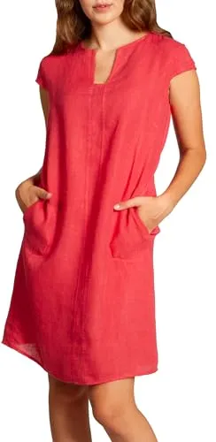 Caspar SKL036 Damen Sommer Leinenkleid mit ausgefallenem Ausschnitt, Farbe:rot, Größe:M - DE38 UK10 IT42 ES40 US8