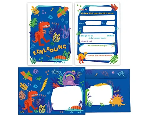 Junapack 12 Einladungskarten incl. 12 Umschläge zum Kindergeburtstag Jungen Dinosaurier Dino Geburtstagseinladungen