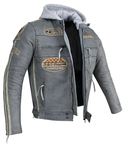 Herren Motorradjacke Lederjacke Biker Jacke mit Protektoren Leder Jacke mit Kapuze Leather Jacket Fashion Jacket Custom (DE/NL/SE/PL, Alphanumerisch, S, Regular, Regular, Grau)