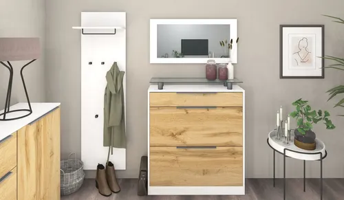 Borchardt Möbel Garderoben-Set Tom, (3-St), Schuhschrank stehend braun - Drohnen - Praktisches Garderoben-Set mit Schuhschrank, Spiegel und Paneel. Platz für bis zu 12 Paar Schuhe, ideal für Ordnung im Flur.