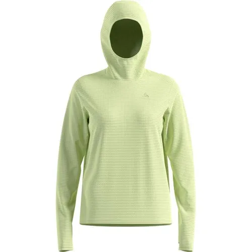 Odlo Essential Thermal Hoodie shadow lime (40440) M - Damen Hoodie für kühle Tage, aus leichtem, recyceltem Thermo-Grid-Fleece mit hervorragender Atmungsaktivität und integrierten Fäustlingen für zusätzlichen Komfort.
