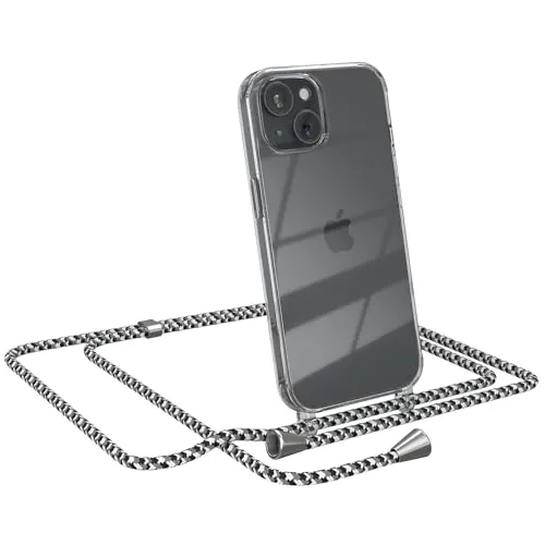 EAZY CASE Handykette kompatibel mit iPhone 15 Handyhülle mit Umhängeband, Handykordel mit Schutzhülle, Silikonhülle, Hülle mit Band, Stylische Kette für Smartphones, Schwarz Camouflage