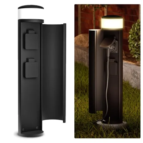 SSC-LUXon PALISO Energiesäule Garten mit Licht und 2 Steckdosen - Stylische Pollerleuchte für den Garten mit warmweißer G9 LED und zwei wettergeschützten Steckdosen. Ideal für Stromversorgung im Außenbereich, robust und IP44 geschützt.