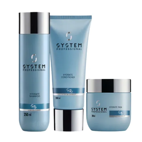 System Professional Hydrate Set - Shampoo 250ml, Conditioner 200ml, Maske - Pflegeset für alle Haartypen mit feuchtigkeitsspendenden Eigenschaften. Ideal für gesundes und glänzendes Haar. Perfekt für den täglichen Gebrauch.