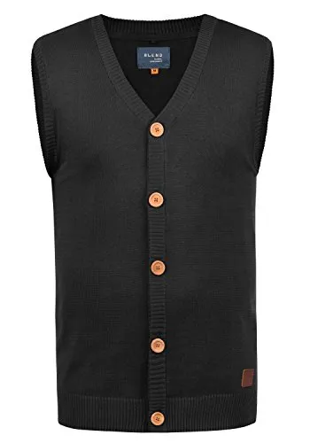 Blend BHLennardo Herren Pullunder Strickweste Feinstrick Weste mit V-Ausschnitt Holz-Knopfleiste ärmellos Baumwollmischung Regular fit, Größe:2XL, Farbe:Black (70155)