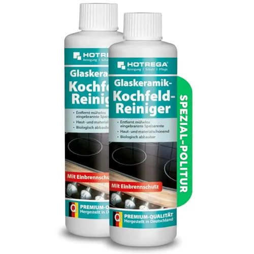 HOTREGA Glaskeramik Kochfeld Reiniger 250 ml - Effektiver Ceranfeldreiniger - Küchenreiniger für hochwertige Glaskeramik-Kochfelder. Entfernt mühelos eingebrannte Speisereste und ist haut- und materialschonend. Hohe Ergiebigkeit mit 2x 250ml.