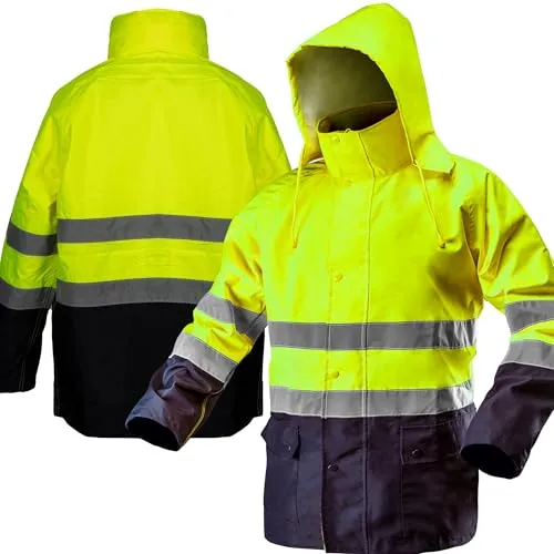 NEO TOOLS Herren wasserdichte Arbeit Warnschutzjacke mit Reflektionsstreifen Gelb oder Set mit wasserdichte Hose, Gr. S(48)-3XL(60) Arbeitsjacke aus strapazierfähigem 300D-Oxford-Gewebe