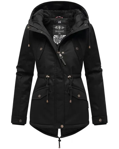 MARIKOO Damen Winterjacke Manolya Black mit kuscheliger Kapuze - Funktionsjacke mit weichem Teddyfell-Futter für hohen Tragekomfort, ideal für die kalte Jahreszeit. Modischer Schnitt mit Taillenzugband und Gehschlitz für optimale Passform.