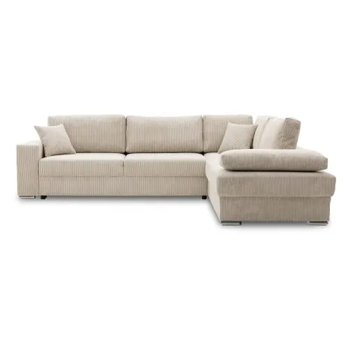 Ecksofa FESTINA 290/230 mit schlaffunktion und Bettkasten - L-förmig - Stoff Cordstoff - Eckcouch mit dekorativen Kissen (RECHTS, POSO 100 Beige)