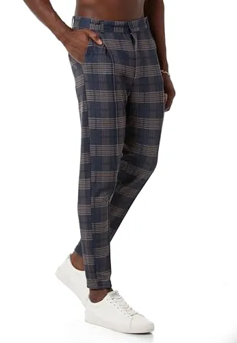 Redbridge Chino-Hose für Herren Freizeithose kariert mit Gummibund Jogg-Pants Casual Navyblau-Braun XXL
